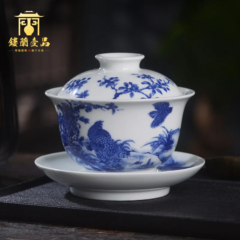 |Arborist benevolence blue live only three tureen jingdezhen ceramic hand-painted kung fu tea bowl with cover a single