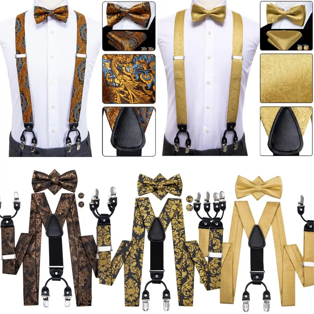 Hi-Tie Silk Adult Men\'s suspenders Set Leather Metal 6 Clips Braces Gold Yellow Floral Vintage Man Fashion Wedding Daily Male