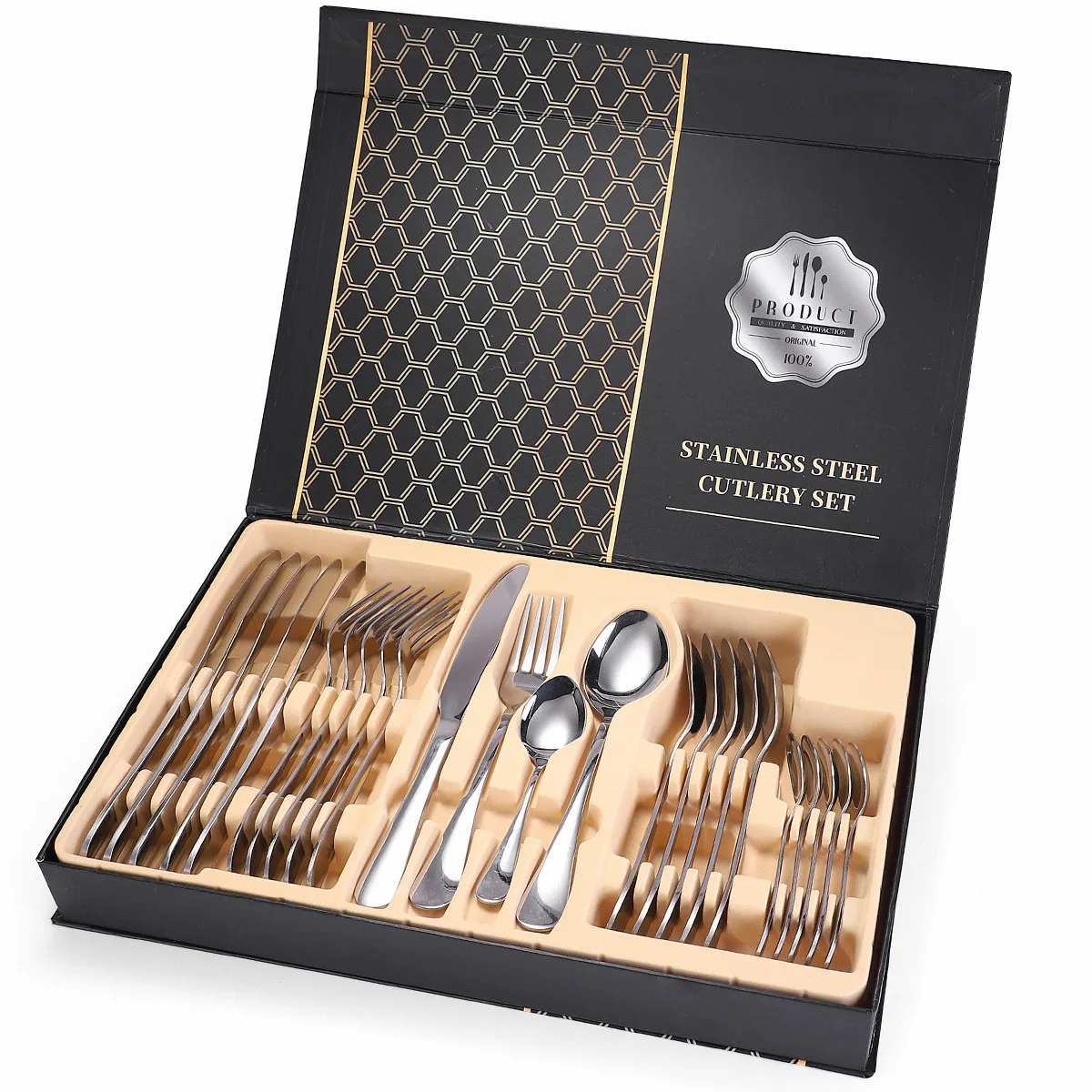 

Gold Tableware Stainless Steel Cutlery Fork Spoons Knives Set Gold Cutlery Set Table Cutlery 24 Pieces with Case Dropshipping