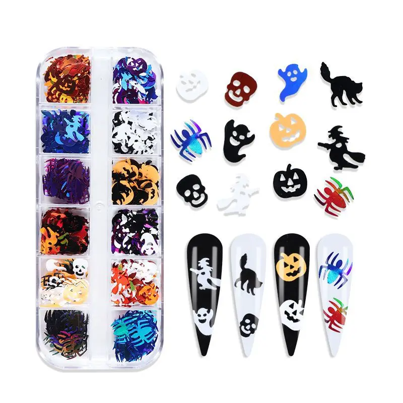 1Box Halloween Nail Art Glitter Sequins 3D Holographic Skull Spider Pumpkin Bat Ghost Witch Shape Nail Festival Glitter Flakes