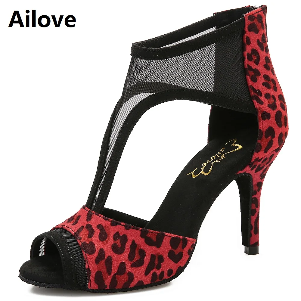 Social Ballroom Dance Boots Women`s Latin Salsa Tango Dancing Shoes with Leopard Grain Velvet Smooth and comfort to Touch S065