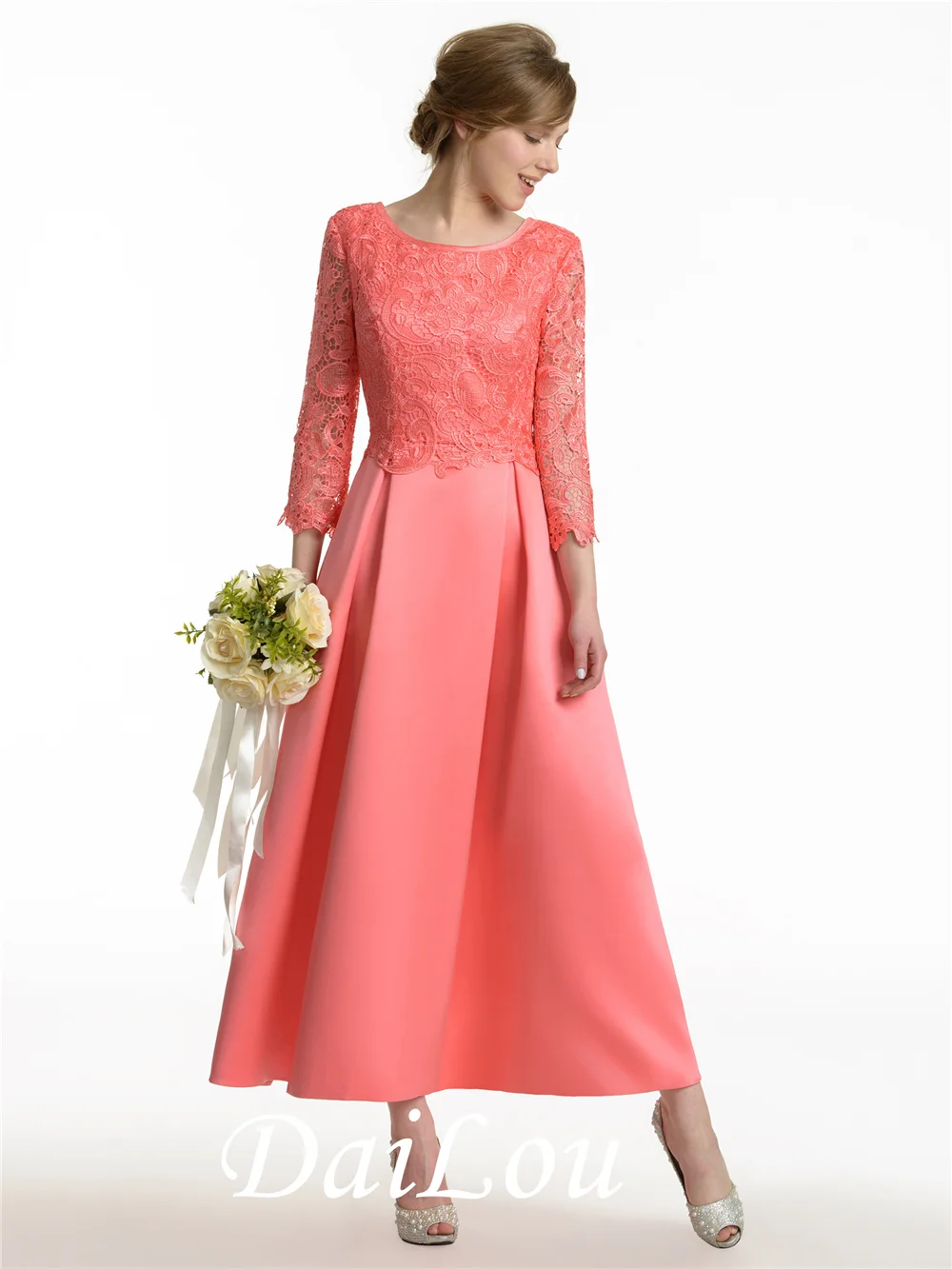 A-Line 3/4 Length Sleeve Ankle-Length Scoop Neck Lace Satin Latest Bridesmaid Dress 2022