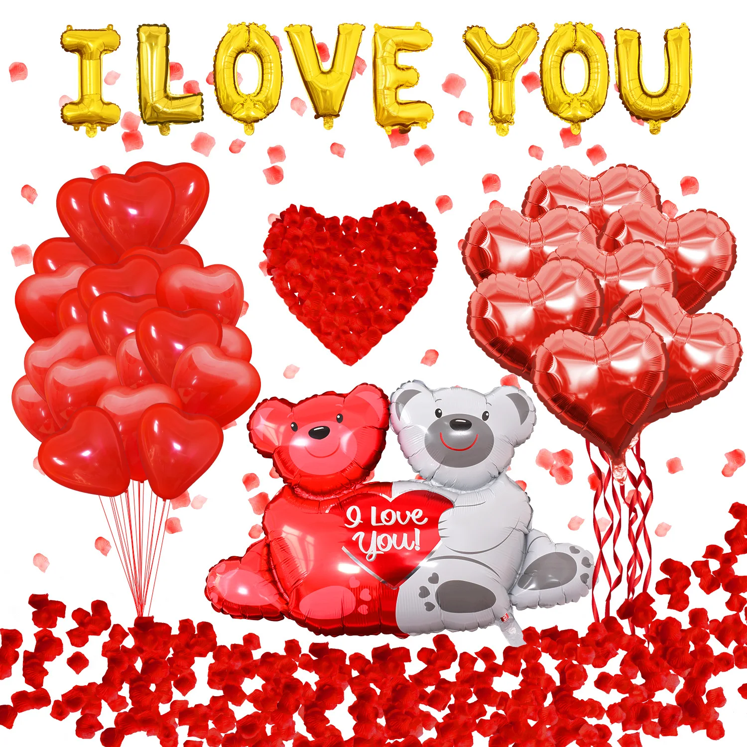 

1Set Balloon Kit Decor with I Love You Heart Balloons with 1000Pcs Red Rose Petals for Wedding Anniversary Valentines Day Decor