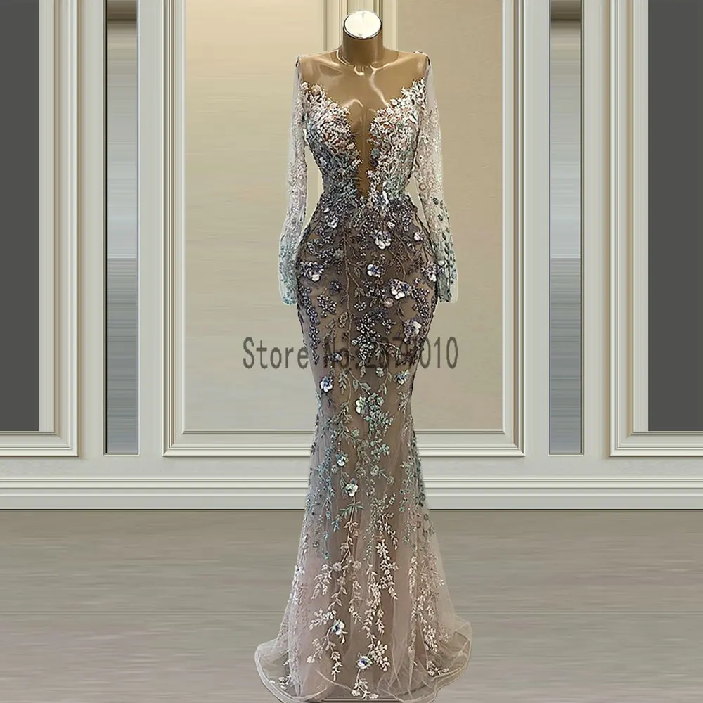 

Dubai Illusion Long Sleeve Mermaid Evening Dresses O Neck Sexy Luxury Heavy Beading Evening Gowns