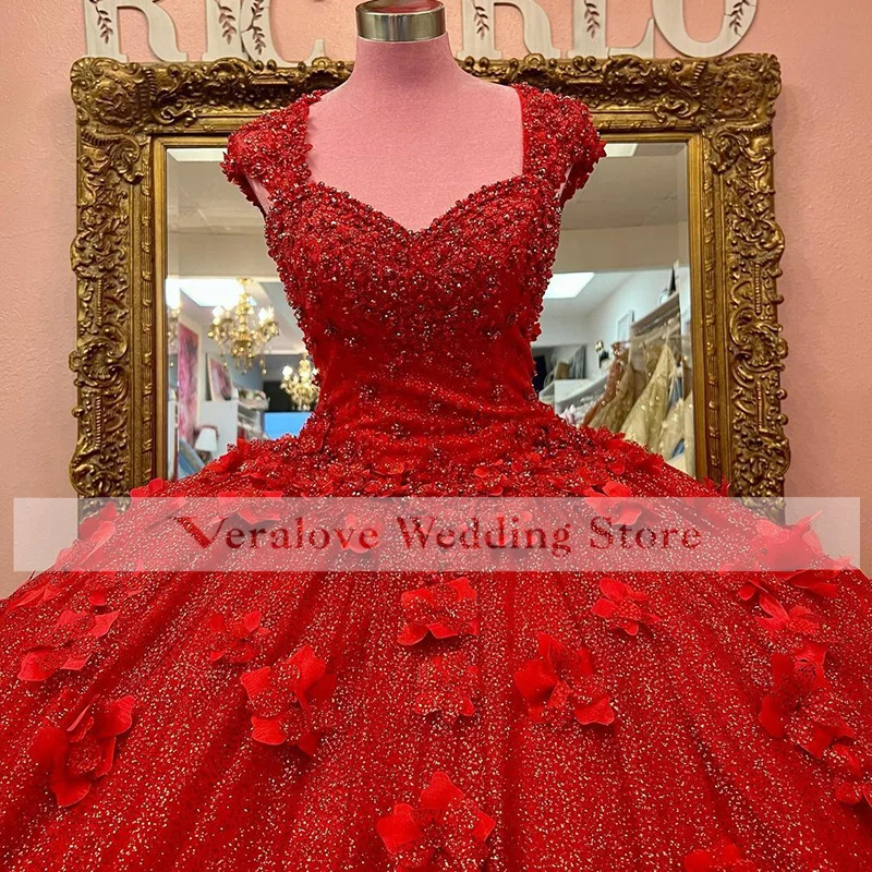 Đỏ Quinceanera Bầu Áo 3D Hoa Flowrs Sweet 16 Đầm Tầng Dài Phồng Đảng Đồ Bầu Vestidos De 15 Años