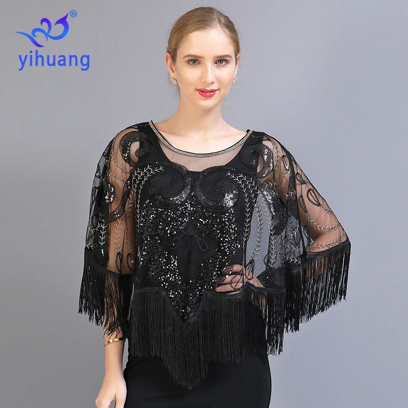 

1920s Shawl Wraps Sequin Tassel Evening Cape Bridal Wedding Shawls Bolero Flapper Cover Up Fringe Blouses Round Neck