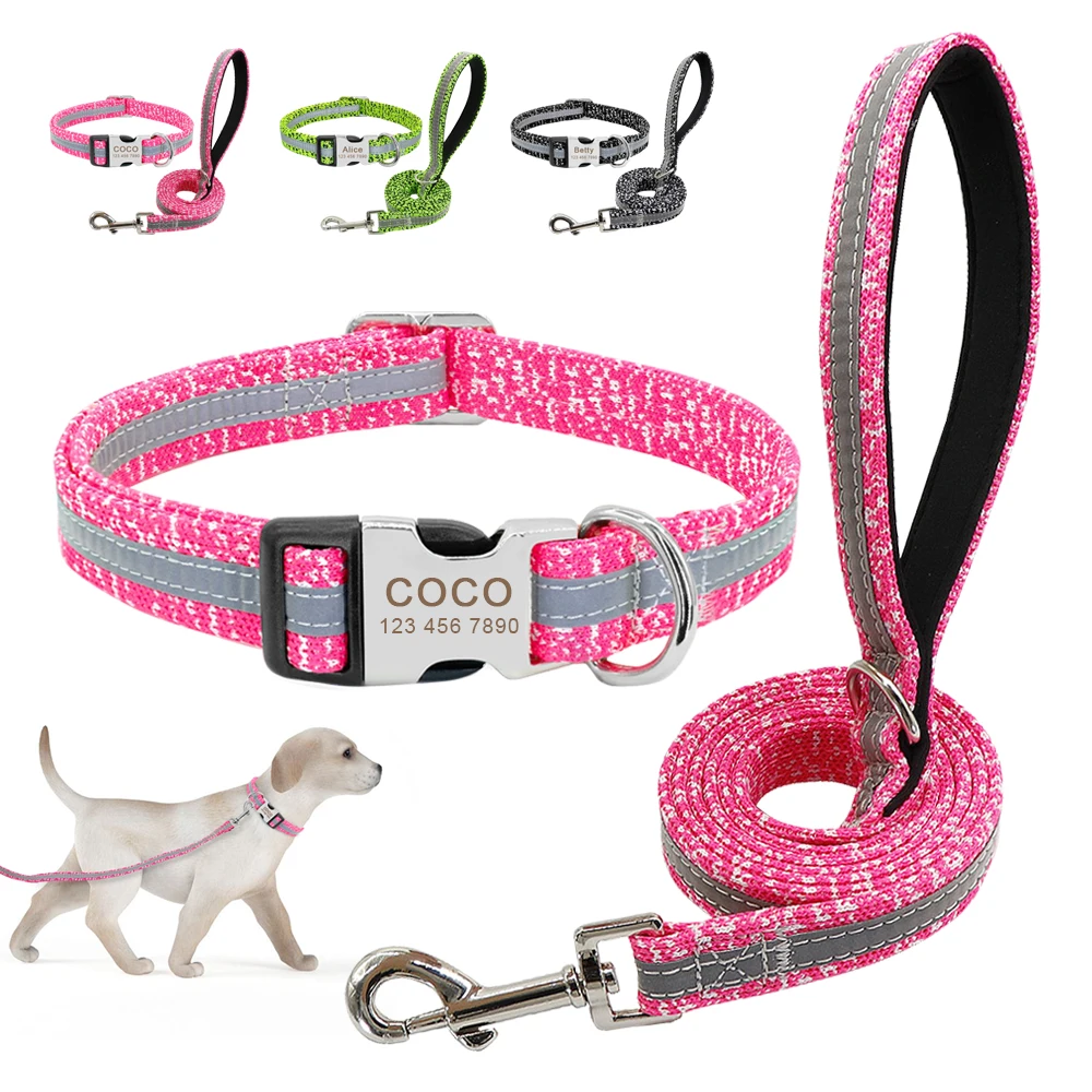 Personalized Dog Collar and Leash Set Reflective Nylon Pet Collars Lead Leash Engraved ID Tag for Small Large Dogs Pitbull