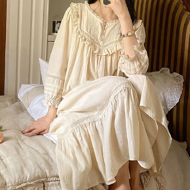 New Vintage Embroidery Cotton Long Nightgowns For Women  Long Sleeve Beige Elegant Nightshirts Comfortable Plus Size Night Dress