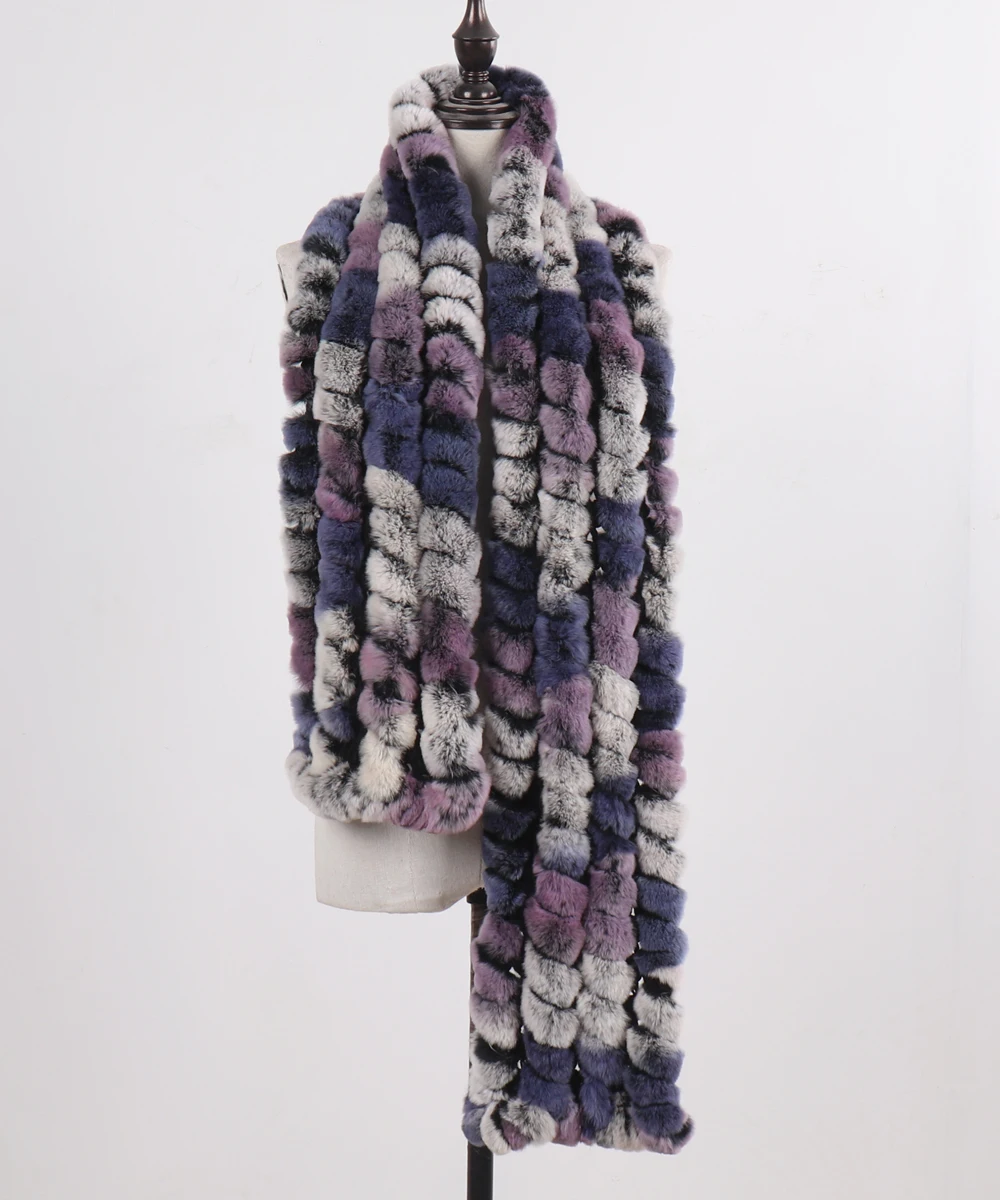 Neue Marke Gestrickter Modischer Damen Echt Rex Kaninchenfell Schal Frauen Winter Warmer Natürlicher Pelzschal Langer Stil Echter Pelz Halswärmer – Detail 14