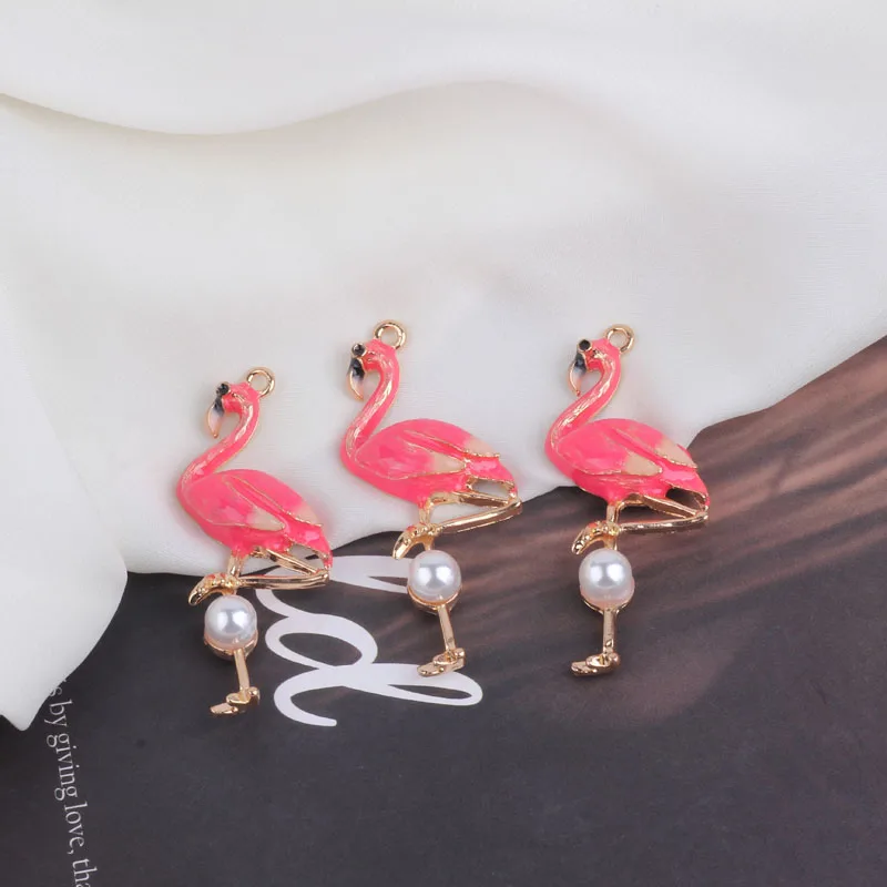 5pcs Enamel Pearl Flamingo Charms DIY Handmade Pink Bird Flamingo Pendants Bracelet Necklace Earring Pendants Jewelry Accessory