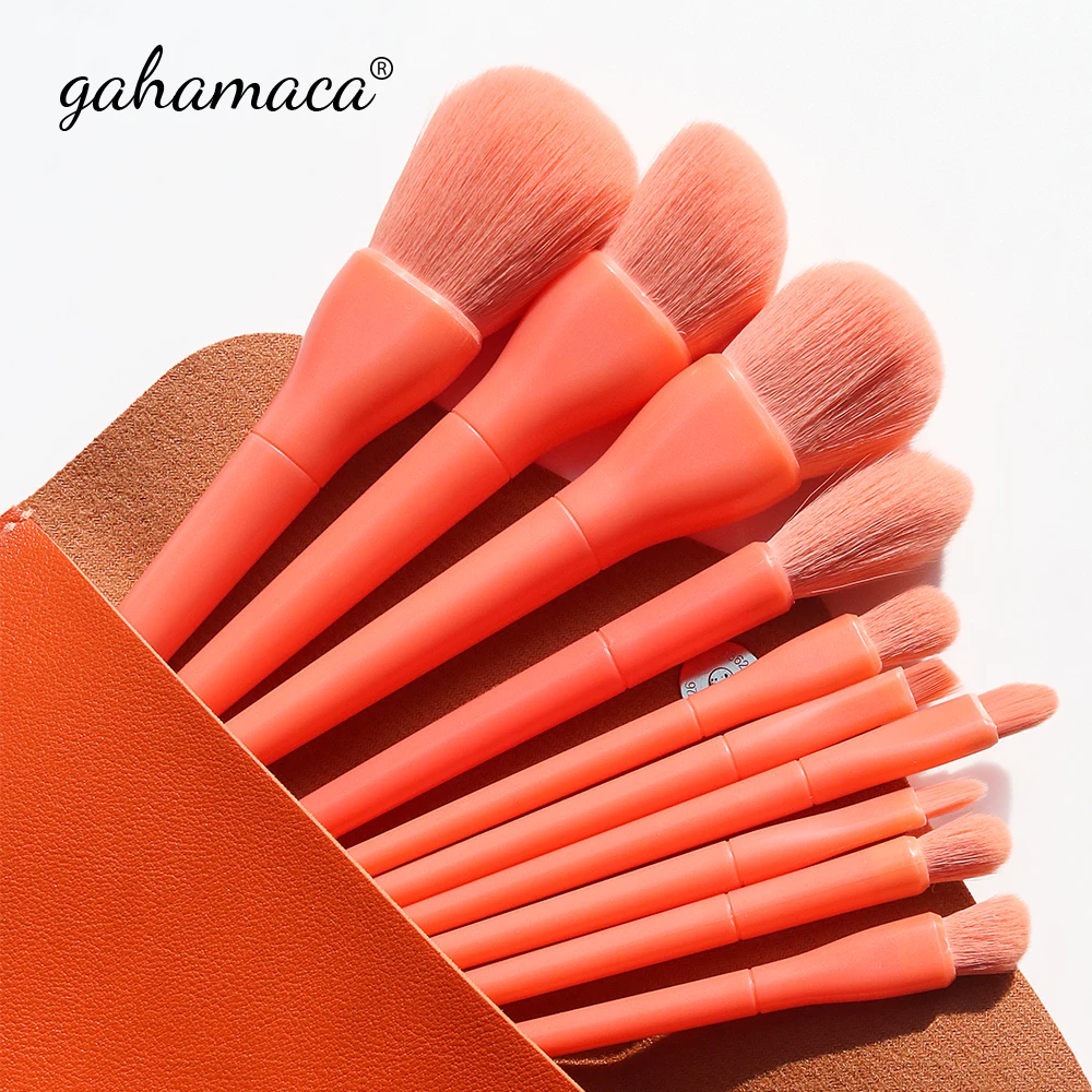 Gahamaca pincéis de maquiagem conjunto 10 pces laranja/rosa/azul/verde eyeshadow eyeliner compõem escova cabelo natural fundação pó blush