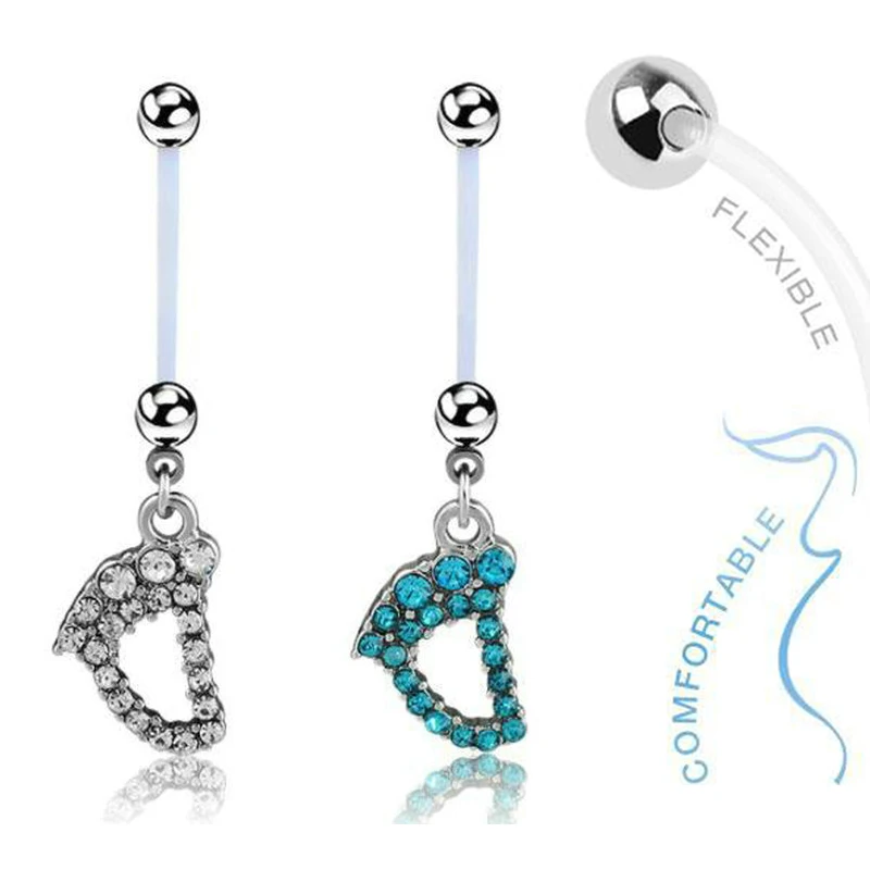 12pcs/lot Baby Feet Shaped Pregnancy Belly Ring White Barbell Belly Ring Crystal Maternity Belly Bar Body Piercing  Jewelry