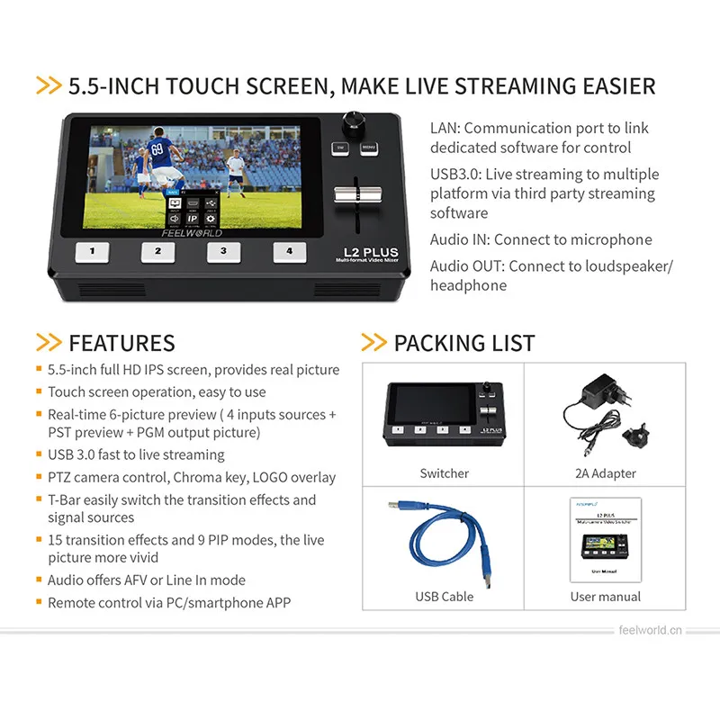 Feel world livepro L2 Plus متعدد تنسيق الفيديو خلاط الجلاد 5.5 "شاشة تعمل باللمس USB3.0 APP كاميرا متحركة التحكم في انقطاع شاشة خضراء