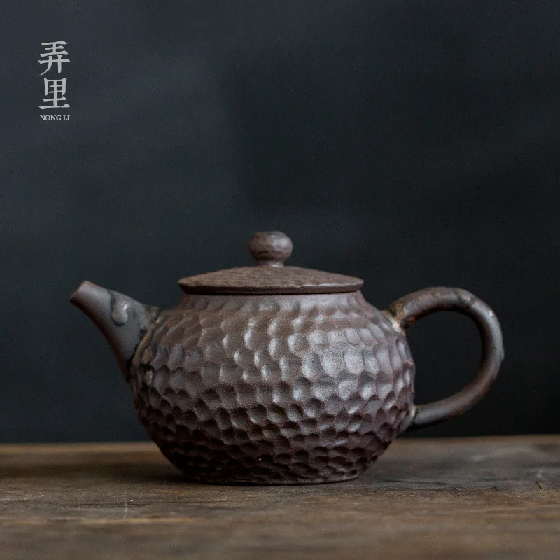 Firewood Burning Stoneware Hammered Kung Fu Tea Set Vintage Teapot with Filter Tea Maker Side Handle Small Single Pot Playing