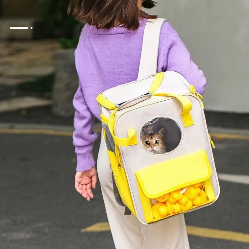 

Pet Carrier Backpack For Dog Cat Puppy Cute Duck Toy Visible Window Mesh Breathable Airline Approve Designed Travel Walk Folable