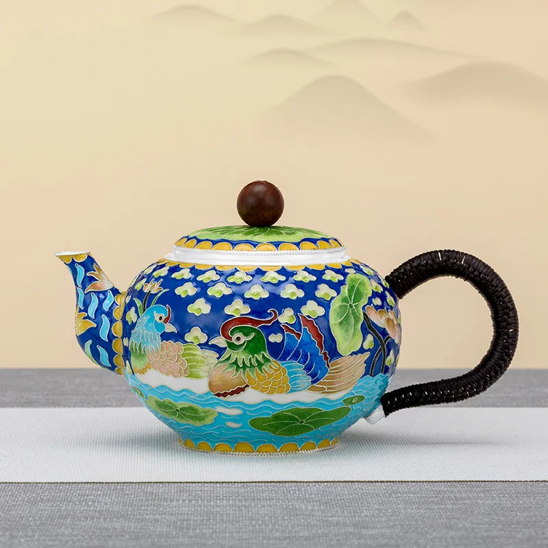 Silver teapot sterling silver 999 handmade cloisonne playing in the water mandarin duck old-fashioned household tea set teapot