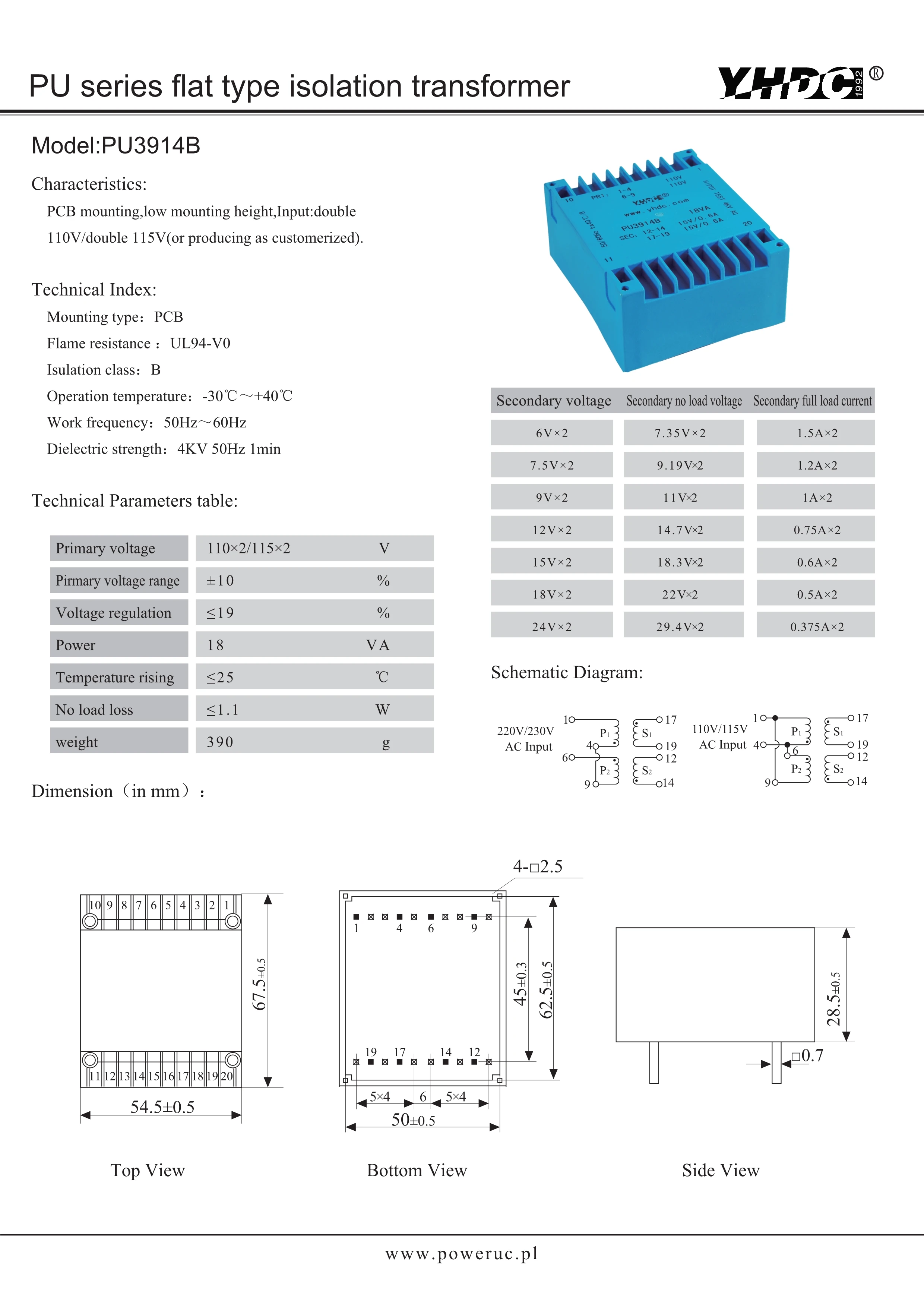 YHDC PU3914B 18VA   110V×2   6V×2/7.5V×2/9V×2/12V×2/15V×2/18V×2/24V×2 PCB Encapsulated PU Series Flat Type Isolation Transformer