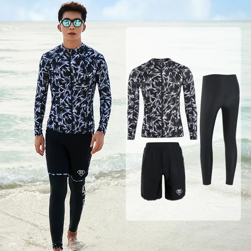 

Long Sleeve Rash Guard Men Three Pieces Swimsuit Zipper Swimwear Couple Surfing Suit High Neck Diving Suit Long Panties Diving