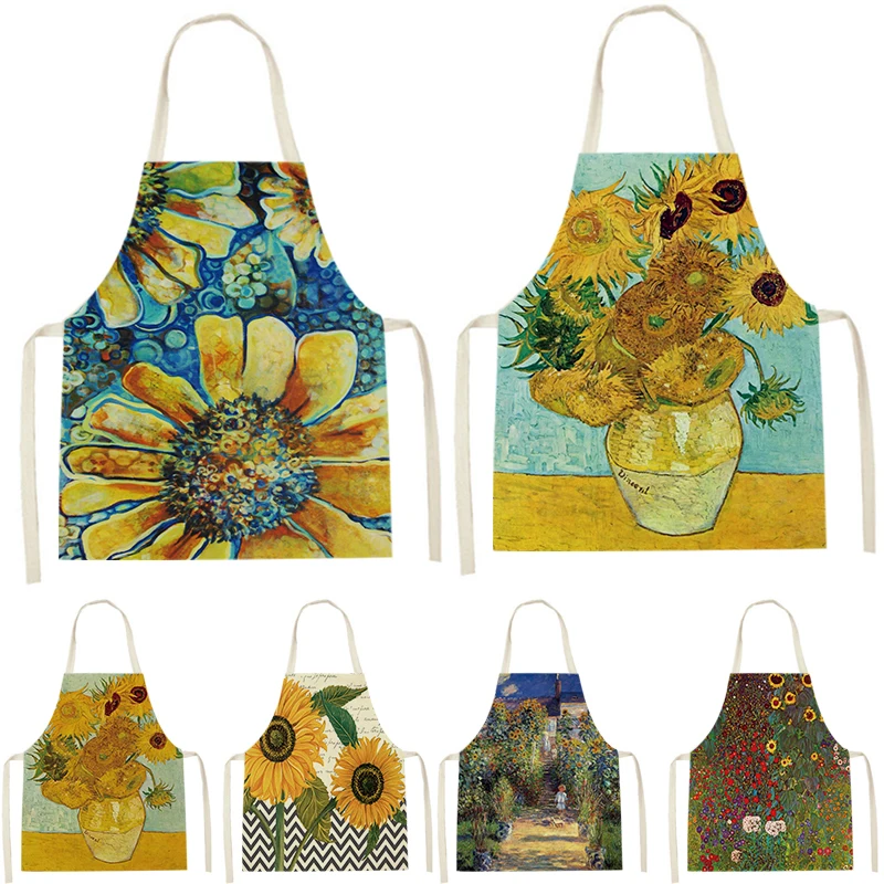 Sunflower Plant Print Oil Painting Yellow Plant Sleeveless Apron Kitchen Pinafore Women Home Cooking Baking Waist  Anti-Greasy