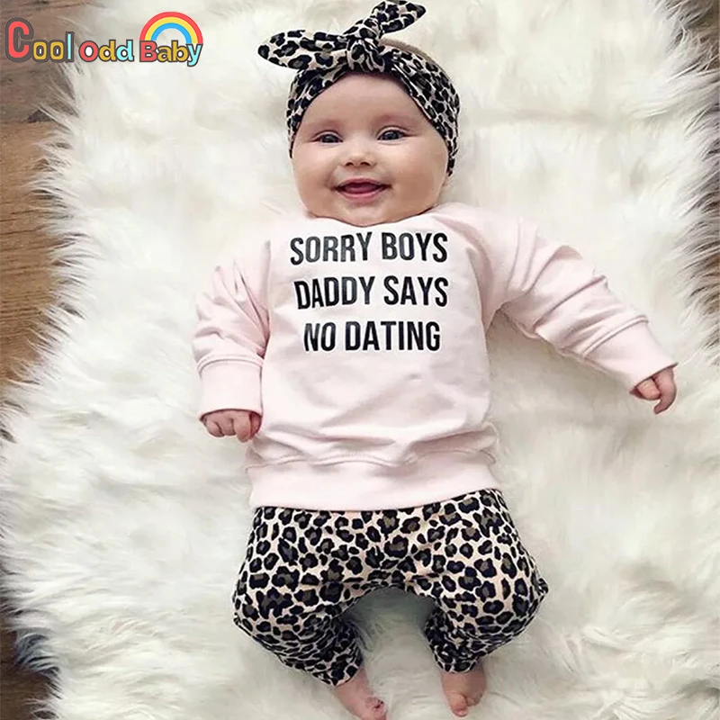 Newborn Baby Girl Clothes Set Fashion Leopard Pants Pink Letter Print Tops Headband 3Pcs Autumn Toddler Infant Clothing Outfits