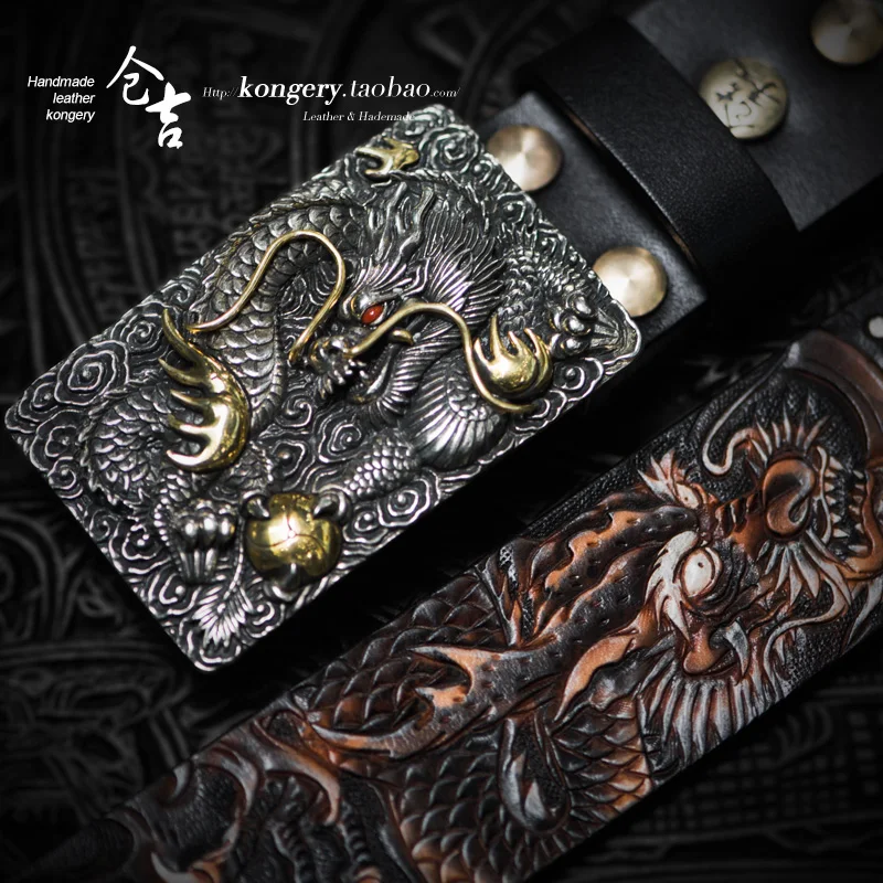 

★Cangji handmade belt men's copper buckle anti allergy leather belt leather carving retro leisure belt pants leather belt