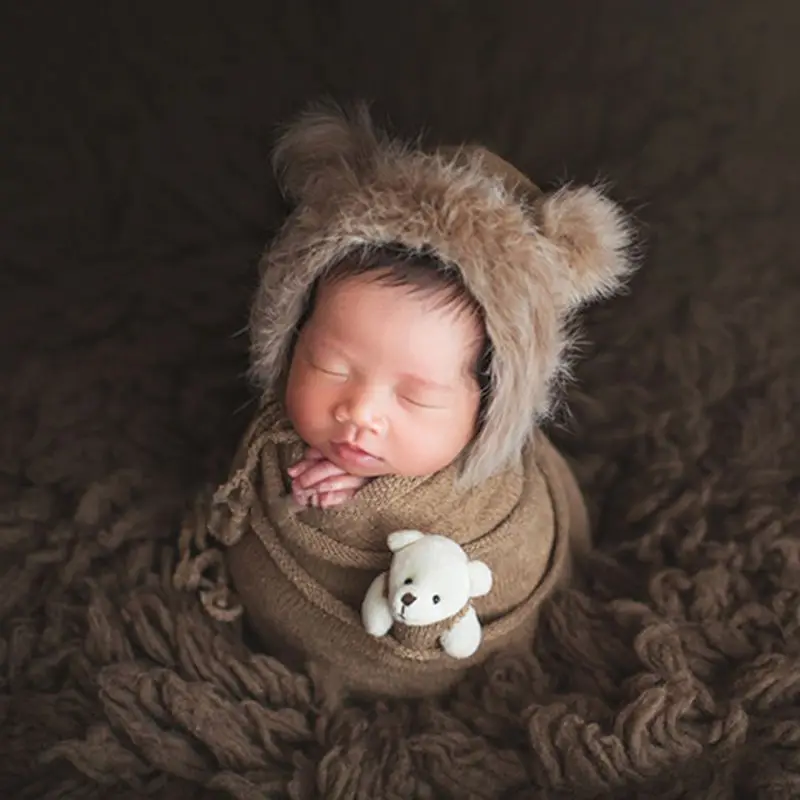 3 Pcs/set Newborn Photography Prop Fluffy Stretch Knit Wrap with Cute Rabbit Fur Hat Teddy Bear Toy Baby Blanket Costume