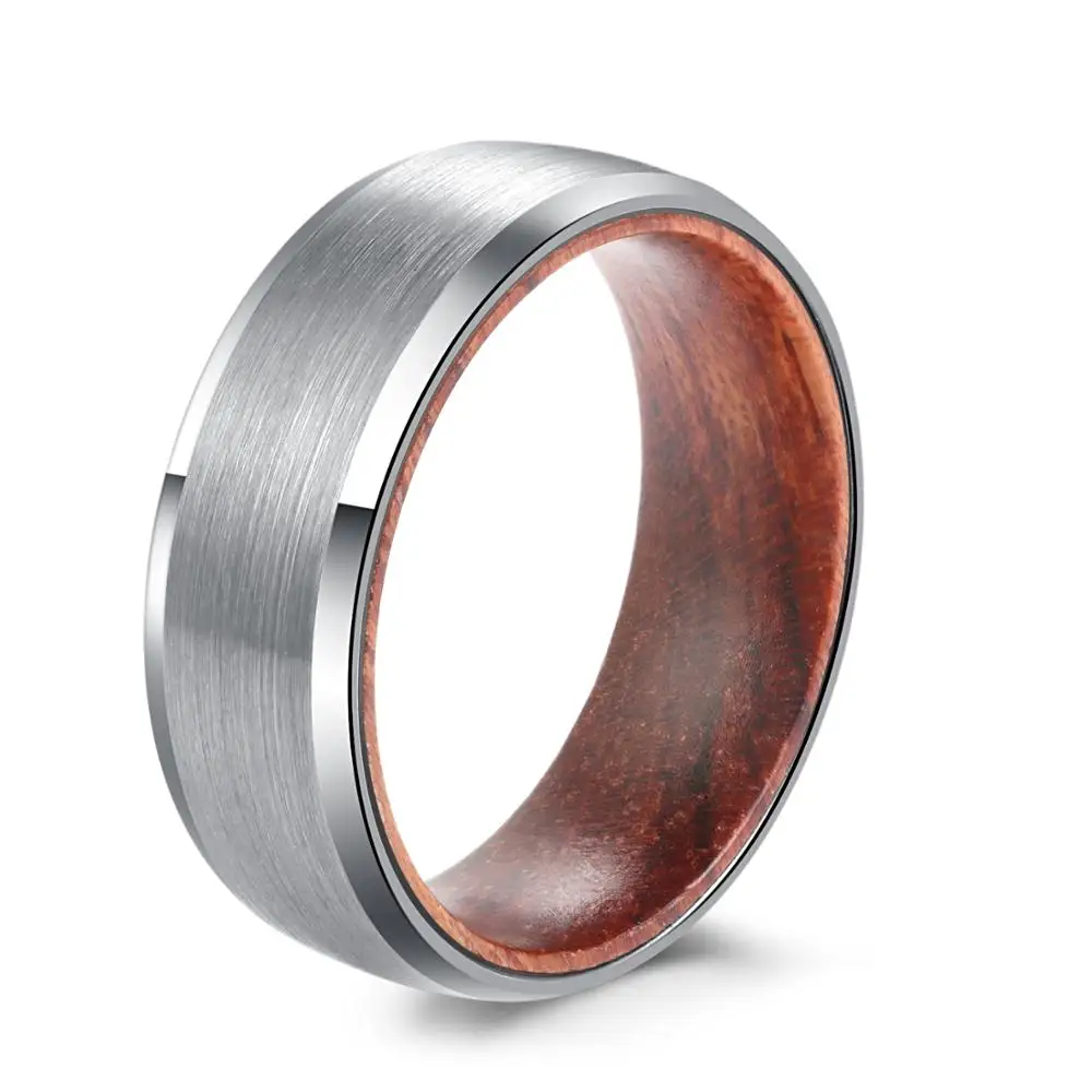 POYA TUNGSTEN Wood Inlay Ring 8mm Matte Finish Beveled Edges Wedding Band for Men Women