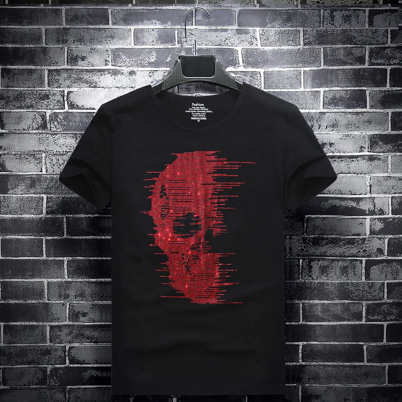 

Plus Size 2024 Red Skull Rhinestones T Shirts Men Short Sleeve Fashion Streetwear O Neck Modal Cotton Tshirts Calaveras Camiseta