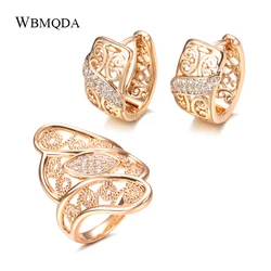 Wbmqda Hot Natural Zircon Big Ring Earring Sets 585 Rose Gold Ethnic Wedding Fine Crystal Flower Rings for Women Vintage Jewelry