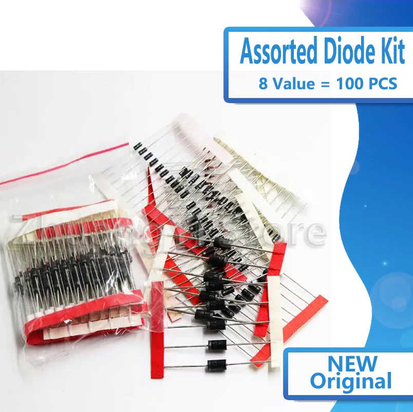 1N4148 1N4007 1N5819 1N5399 1N5408 1N5822 FR107 FR207, 8 Values = 100 pcs, Electronic Components Package, Assorted Diode Kit