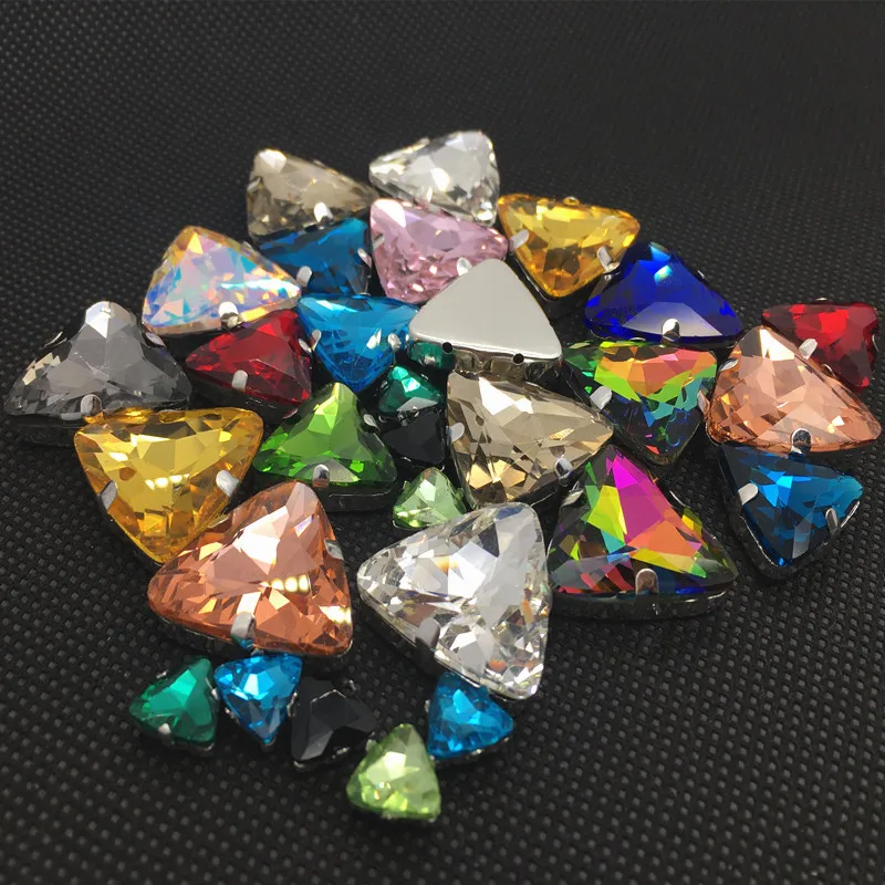 Glass Crystal Silver claw 12 18 23 mm nice colors Triangle shape Sew on rhinestone beads garments clothes decoration diy