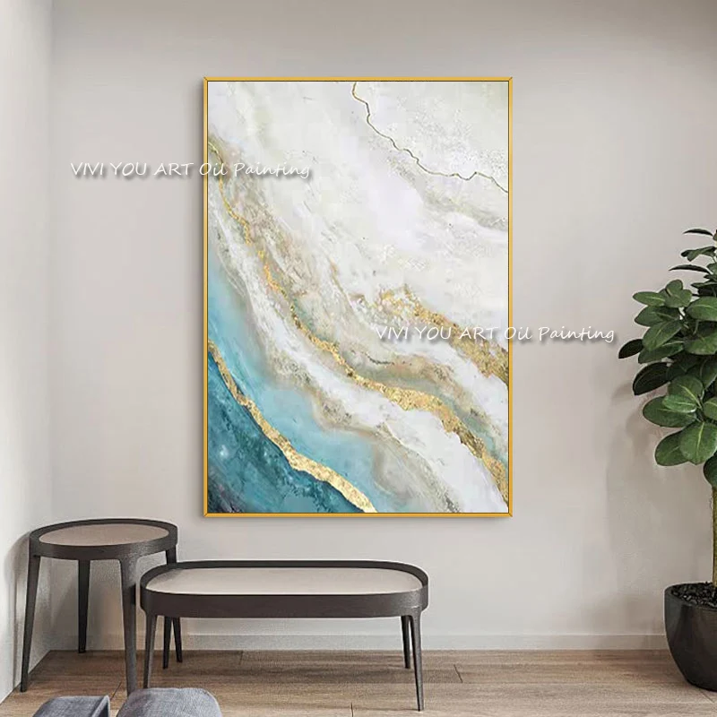 Neutral Mountain Abstract Canvas, Shimmering Gold Leaf Veins, Hand‑Painted Vertical Art For Elegant Modern Entryway
