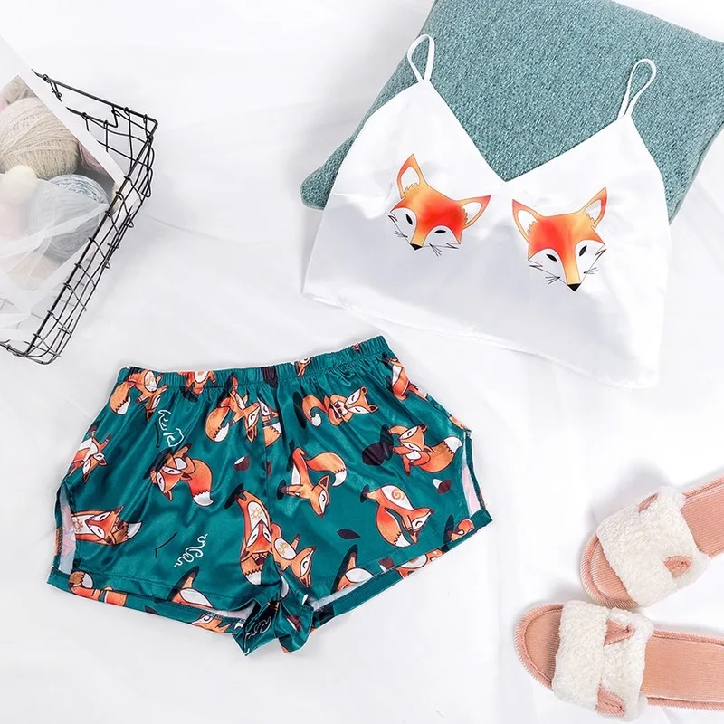 Satin Fox Cartoon Print Lovely Women Sleepwear Summer V Neck Sexy Pyjamas Nice Strap Pyjama Sets Femme Homewear