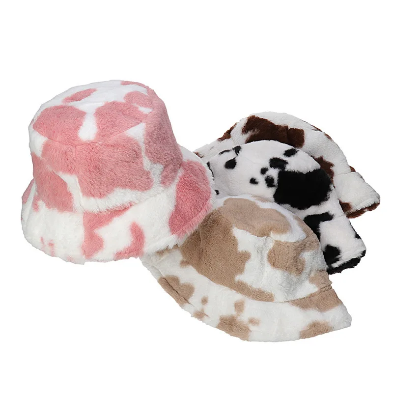 10pcs Adult Women Men Fashion Plush Warm Basin Hat Cow Pattern Fisherman Cap Fedoras  Lovely Decor Accessories Props Easter