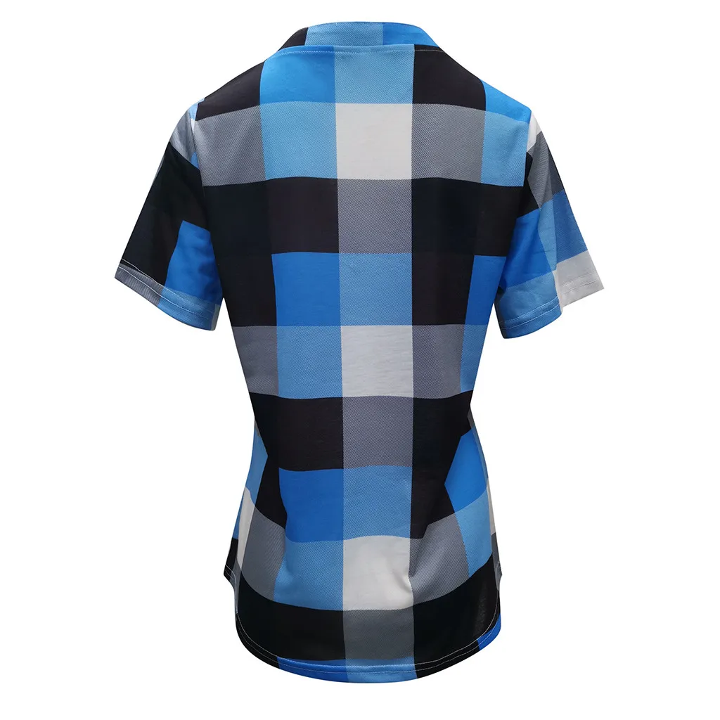 Fashion Plaid T Shirt Oversize Cotton tshirt Casual Summer Ladies Sexy V-Neck Tunic Tops Female Women Short Sleeve Shirt Blusas