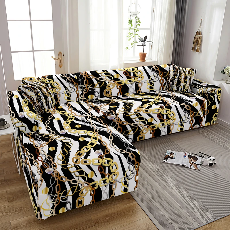 

Elastic L Shape Sofa Cover Golden Chains Baroque Elements Leopard Stretch Non-slip Combination Slipcover For Living Room Decor