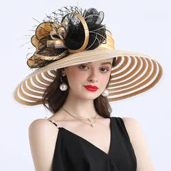 Elegant Women Feather Flower Striped Kentucky Derby Hat 16cm Wide Brim Church Dress Sun Hat Lady Summer Beach Party Wedding Hat