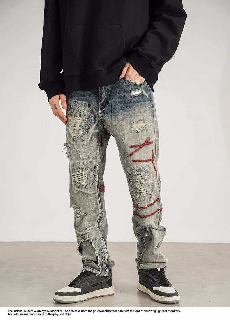 Destroyed Ripped Straight Jeans Pants Mens Distressed Biker Jeans Fashion Irregular Embroidery Streetwear Hip Hop Pants Joggers