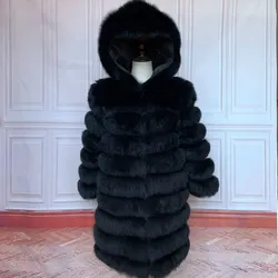 Manteau long en fourrure véritable avec capuche pour femme, veste en fourrure de renard naturel, luxe, salle de bain, grande taille, hiver, haute qualité, 2022, OD