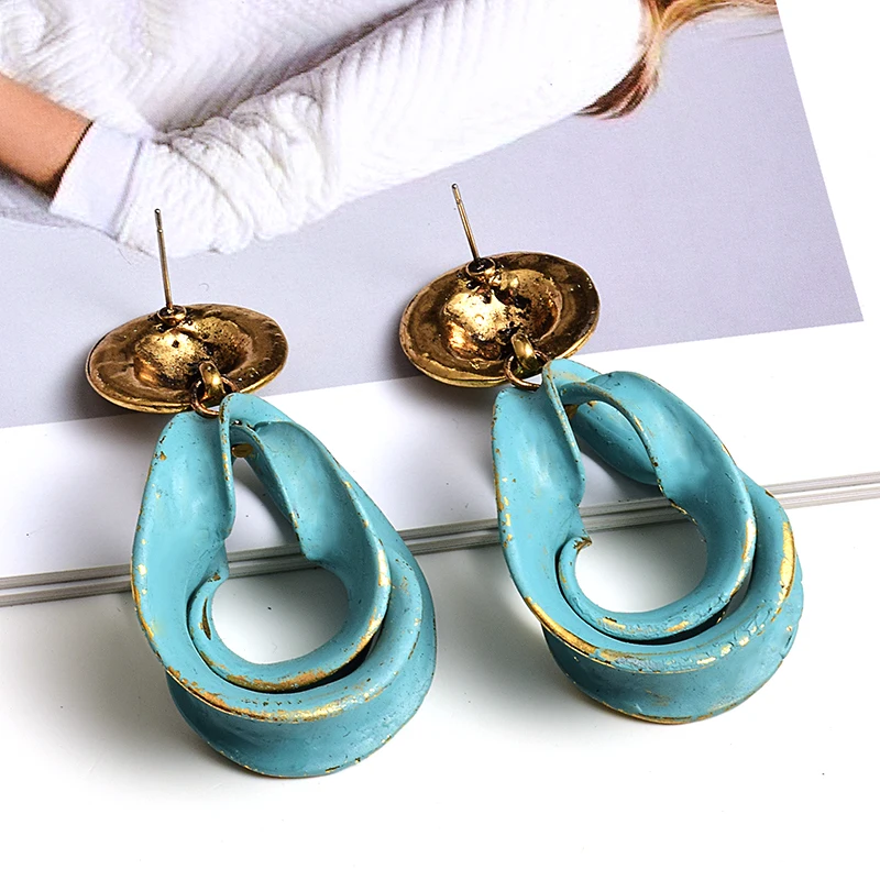 Unique Vintage Gold Color Enamel Dangle Earrings For Women Big Metal Pendant Drop Earring Fashion Brand Jewelry Gifts Wholesale