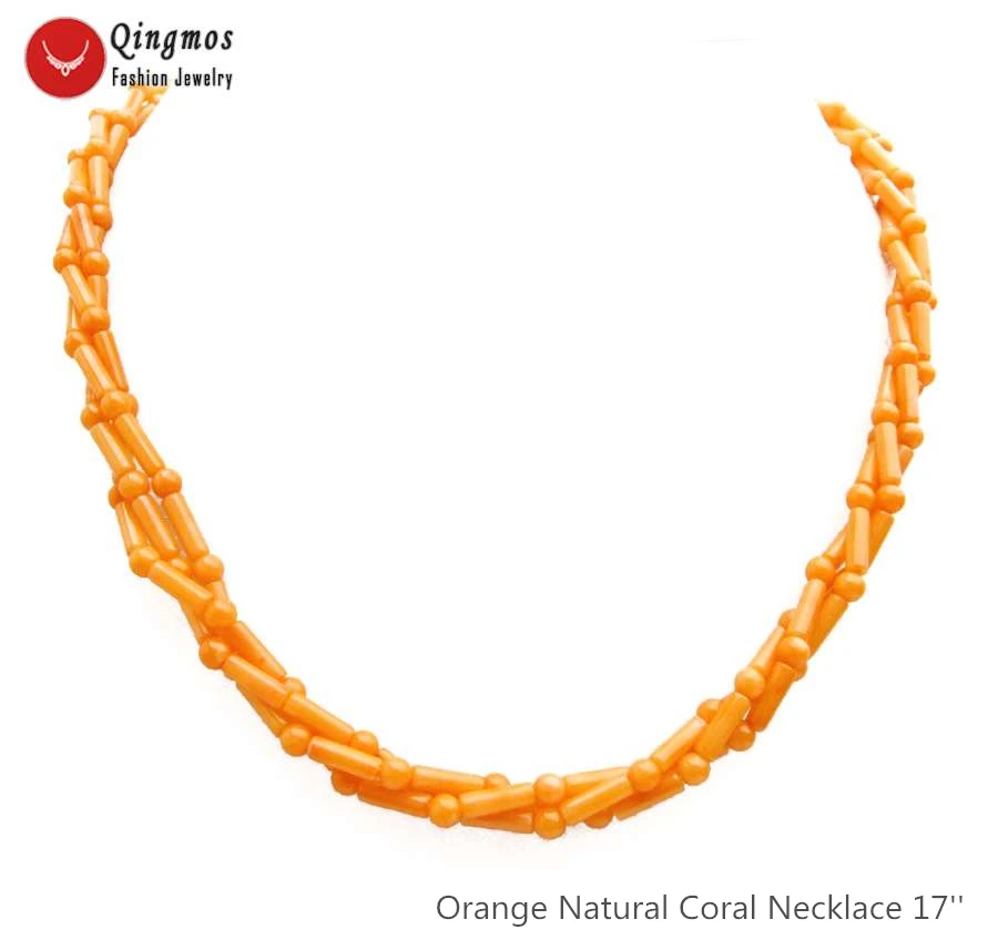 

Qingmos Fashion 3*9mm Thick Slice Natural Orange Coral Necklace for Women with 3-4mm Round Coral Necklace Jewelry Chokers 17''