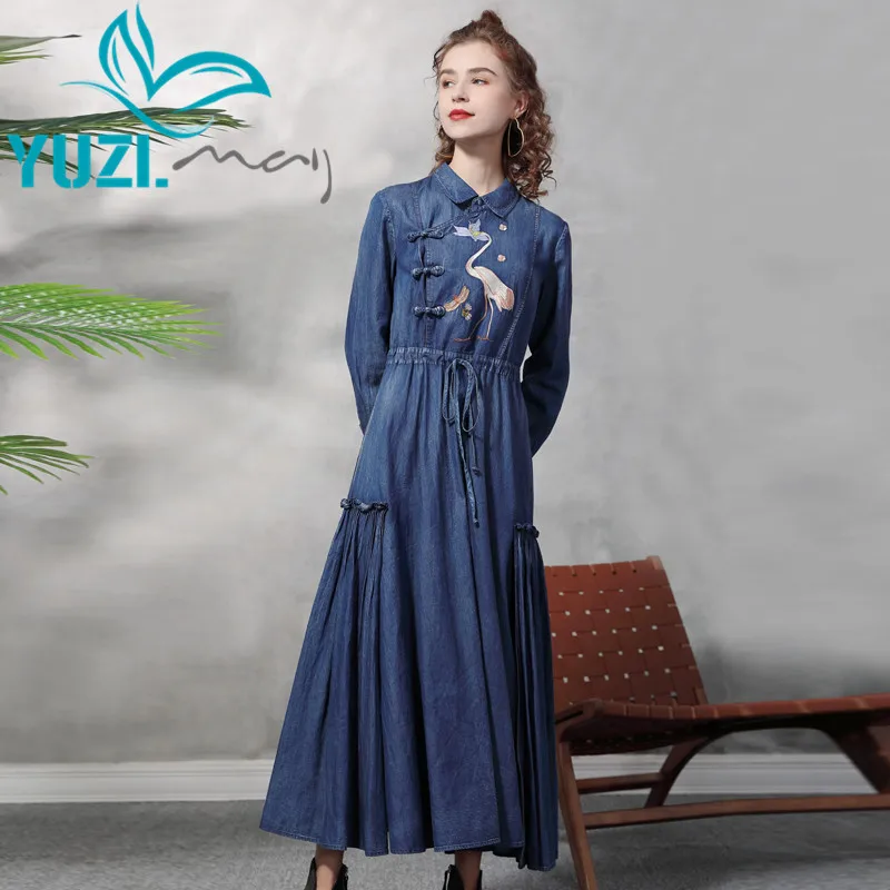 Vestido para mulher 2021 yuzi. may boho novo denim vestidos de gola virada para baixo vintage bordado sapo nó cordão vestidos a82360