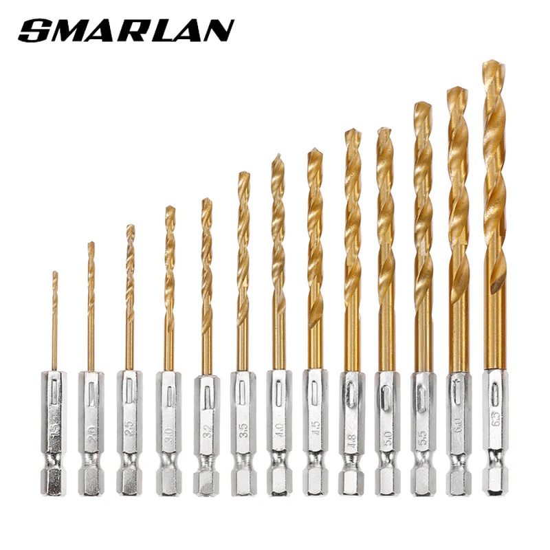 SMARLAN 13 Buah Set Mata Bor Lapis Titanium Baja Kecepatan Tinggi HSS 1/4 Mata Bor Hex 1.5-6.5Mm Set Alat Pertukangan