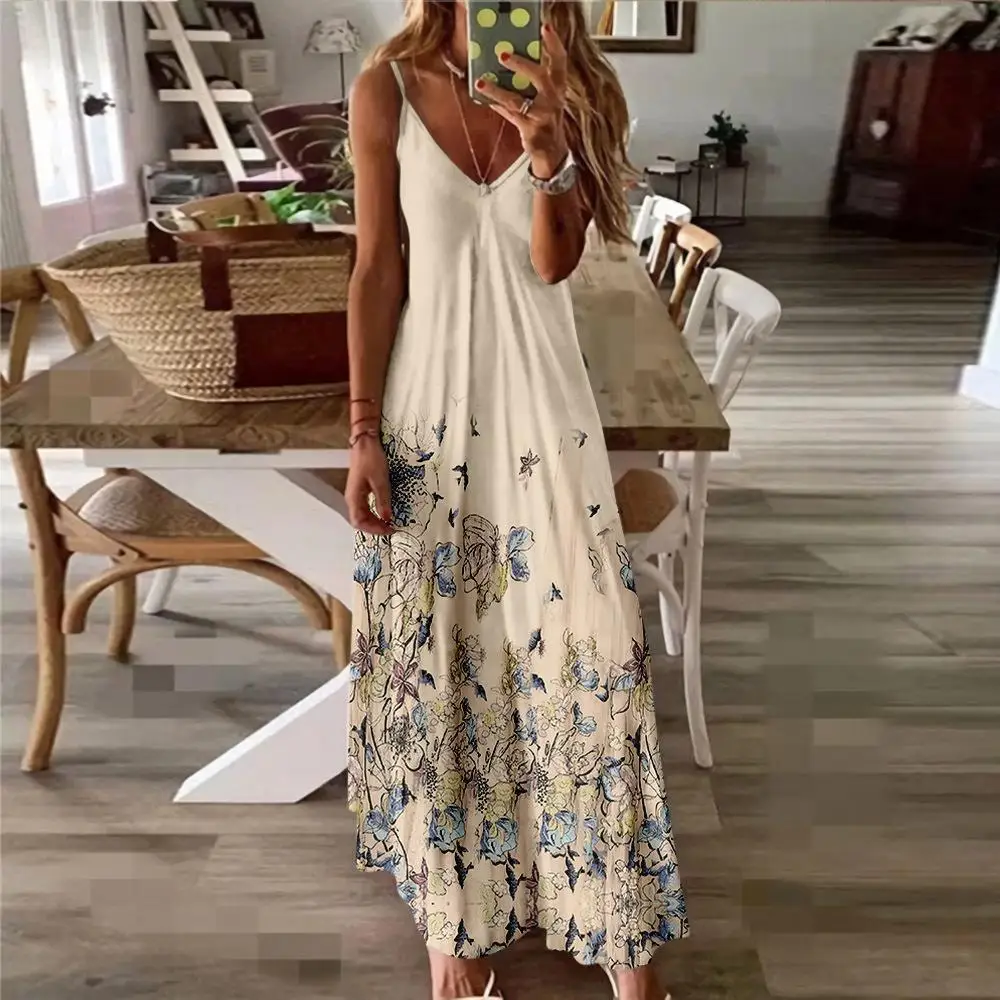 Frühling Sommer Frauen V-ausschnitt Gurt Gedruckt Sexy Strand Lange Maxi Kleid Split Sleeveless Vintage Kleidung Übergroßen Urlaub Vestido