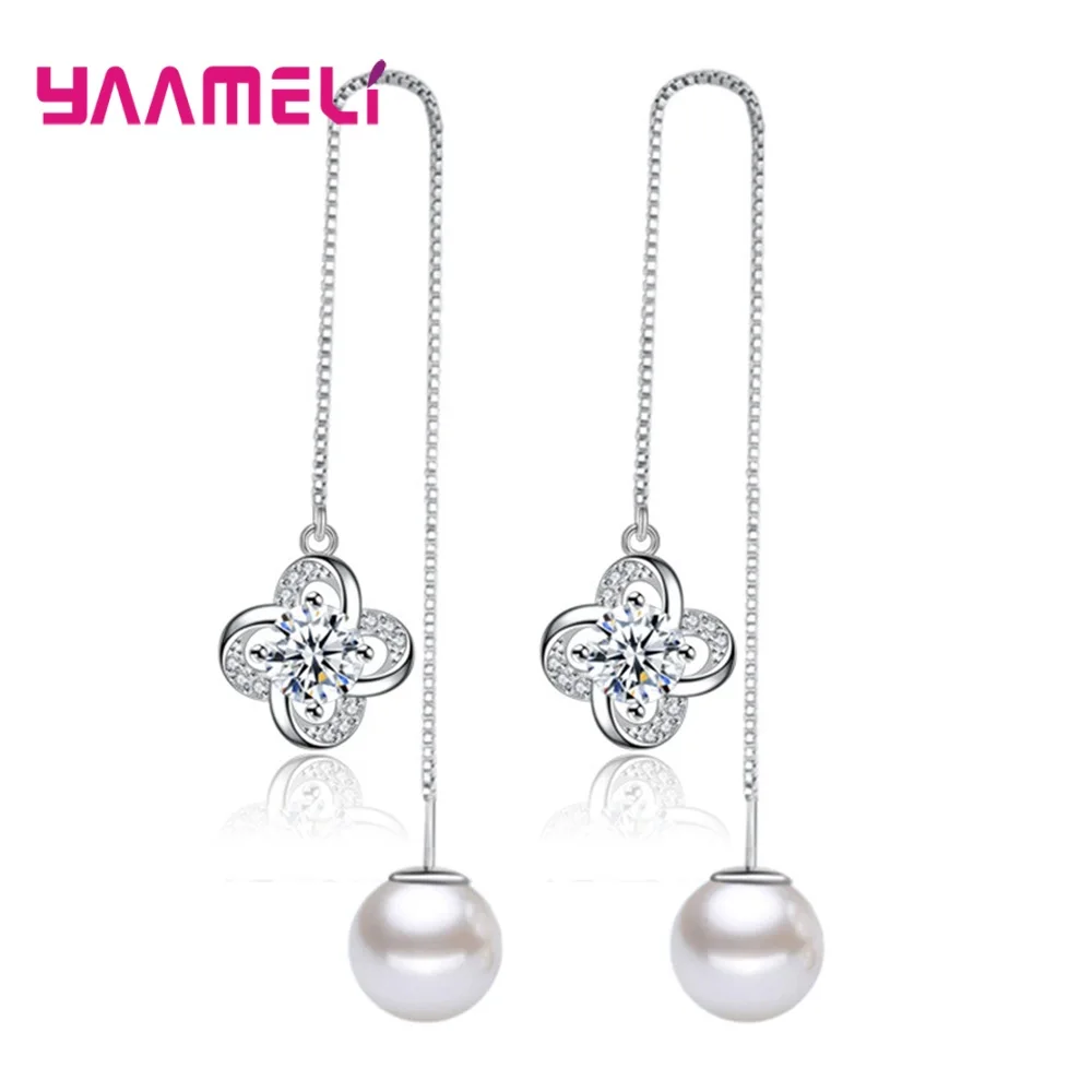 S925 Silver Color Box Chain Thread Earrings for Women Girls Wedding Engagement Freshwater Pearl Qualified Cubic Zirconia Jewelry