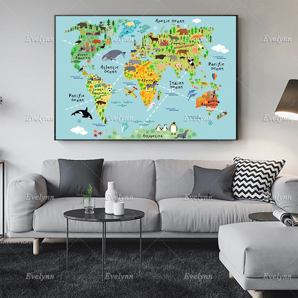 Map For Kid  Wall Art Canvas Colorful World Map Prints Poster Push Map Colorful World Map Kid Bedroom Living Room Floating Frame