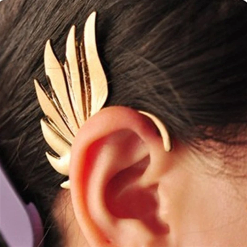 Hot Fashion Single Girl Ear Cuff Earrings 1PC Angel Feather Wings Golden Ear Clips For Women Left Ear Punk Ear Clip Jewelry Gift