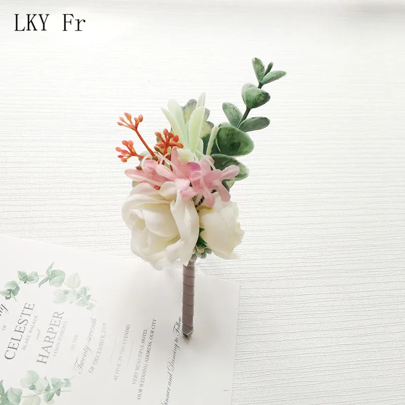 LKY Fr Boutonniere Flowers Wedding Corsage Pins White Pink Groom Boutonniere Buttonhole Men Wedding Witness Marriage Accessories