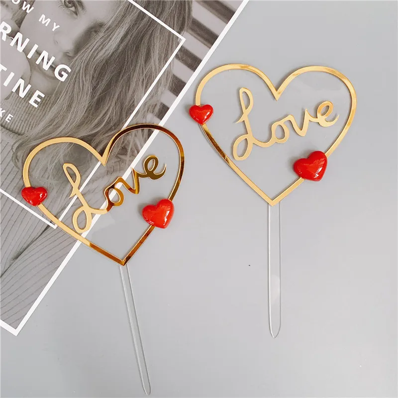 Love Wedding Party Cake Topper Heart-shaped Acrylic Valentine's Dessert Cake Toppers for Valentine Party Gift Cake Decorations