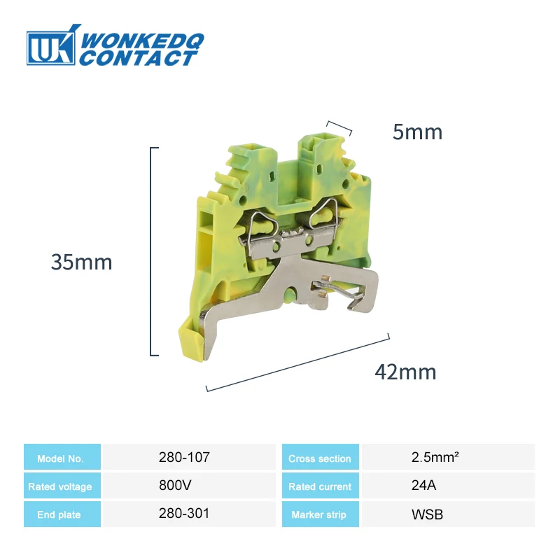 5Pcs 280-107 Spring Cage Mount Ground Earth 2-Conductor 280 107 Plug 2.5 mm² Clamp Wire Connector DIN Rail Terminal Block